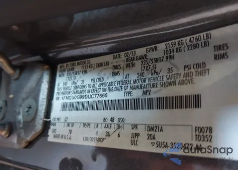 2013 Ford Escape Se z USA, uszkodzony, nr VIN 1FMCU0G99DUC77665